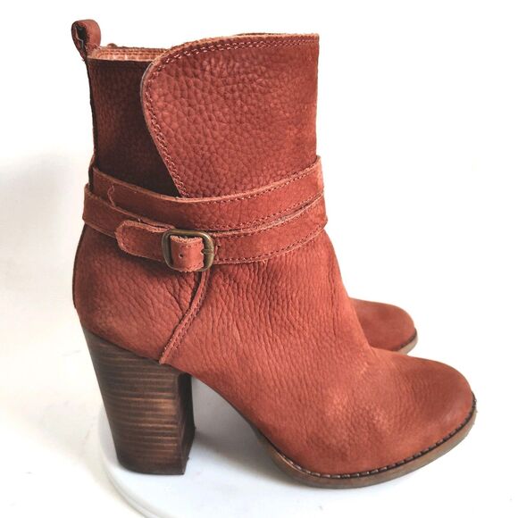 Lucky Brand Ankle Boots Block Heel Womens 7.5 Leather Latonya Boho Rusty Brown - Picture 1 of 12